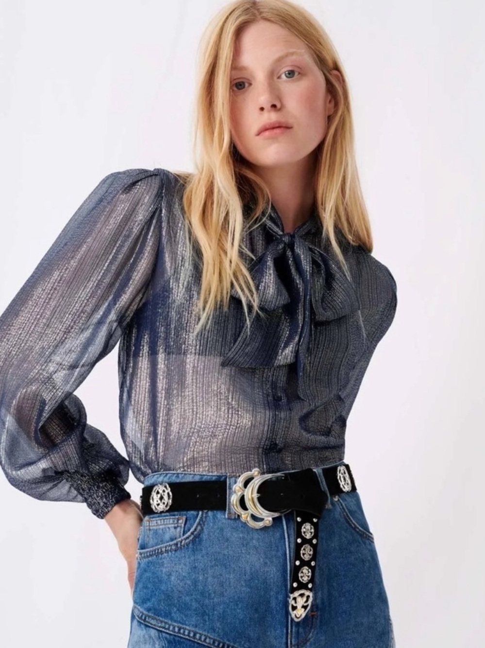 NWT MAJE Silk Blend Sheer Metallic Tie Neck Marine Blue Luit Blouse 2/Medium